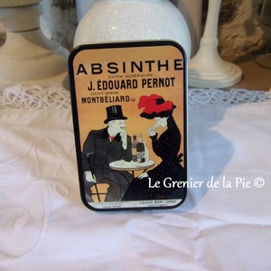 Metal advertising soap box absinthe de Montbéliard décor couple style 1900 alcohol french retro vintage 9x6cm french tin box