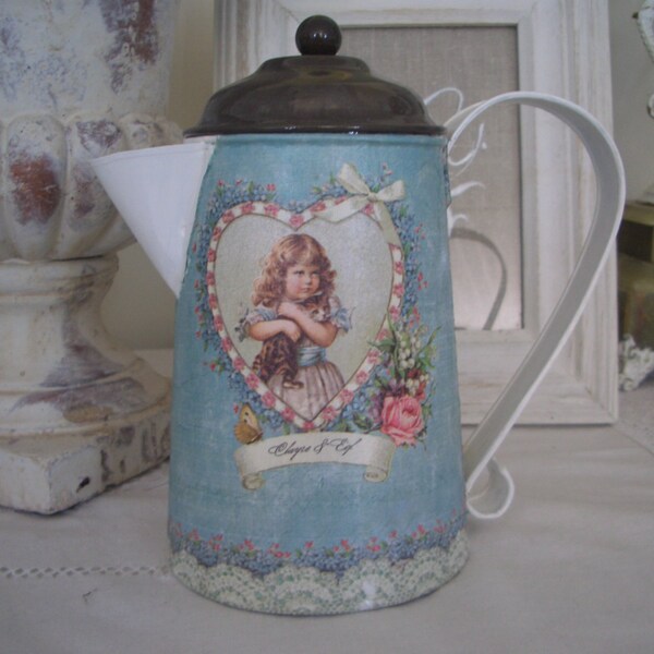 metal pitcher coffee pot pitcher style former decoration heart, girl, cat and flowers shabby chic 19 x 20 revamped hand