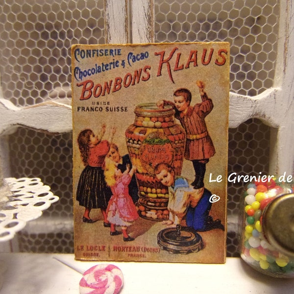 plaque miniature tableau publicité bonbons confiserie enfants vintage pour maison de poupées échelle 1:12 épicerie magasin dollhouse sign