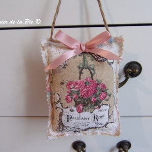 fabric door cushion to hang "basket of roses" key decoration flowers shabby chic velvet ribbon 12x9.5cm French door hanger