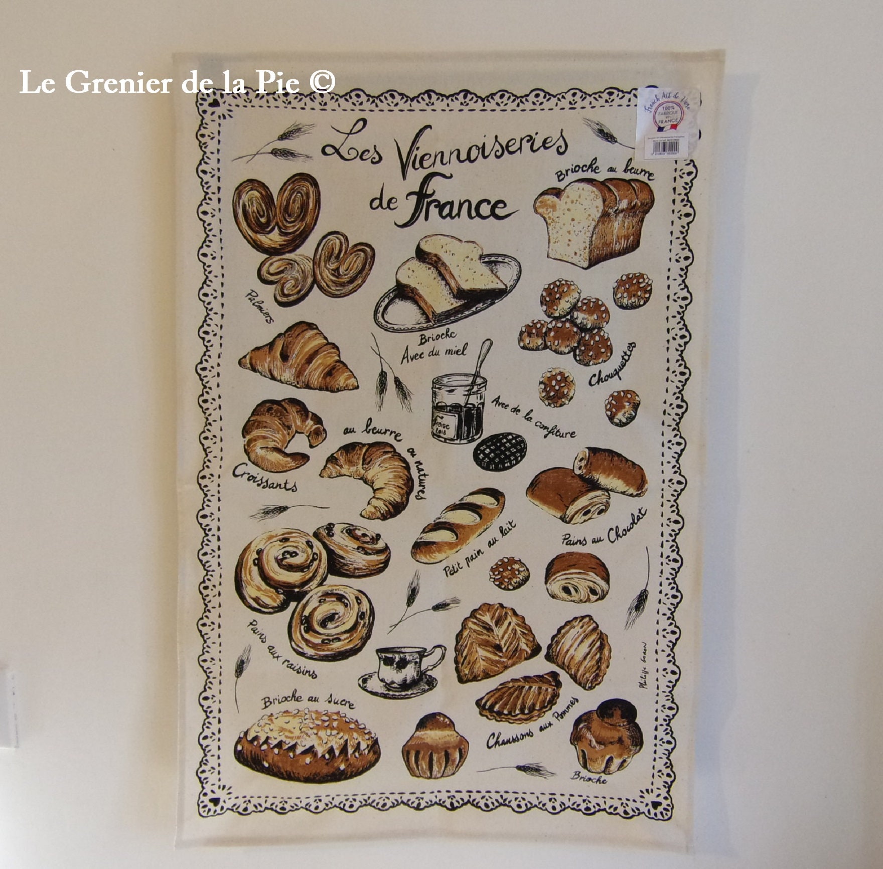 Grand Torchon en Coton Écru Viennoiseries de France 48x72cm Essuie-Mains Cuisine Décoration Croissan