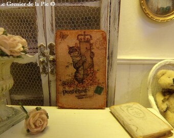 plaque miniature décoration chat et fleurs shabby chic "postcard" tableau pour maison de poupées échelle 1:12 vintage style dollhouse sign