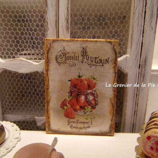 plaque MINIATURE tableau bois confiture de fraises chocolat Poulain décoration maison de poupées échelle 1:12 French shabby dollhouse sign
