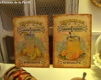 1 MINIATURE plaque wooden sign advertising lemonade lemon orange for dollhouse scale 1:12 vintage shabby dollhouse sign