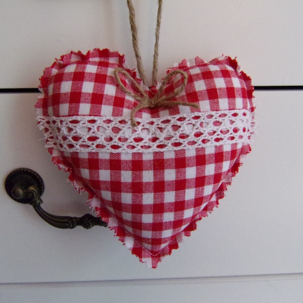 red gingham lace fabric hanging heart decoration key cushion 11cm country style red gingham farmhouse heart