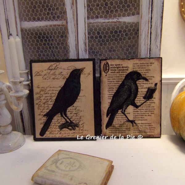 1 plaque miniature oiseau noir merle corneille tableau en bois décoration gothique Halloween maison de poupées 1:12 vintage dollhouse sign