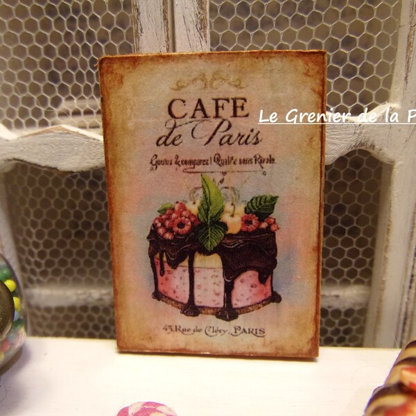 plaque miniature tableau en bois gâteau au chocolat et fruits pour maison de poupées échelle 1:12 pâtisserie café de Paris dollhouse sign