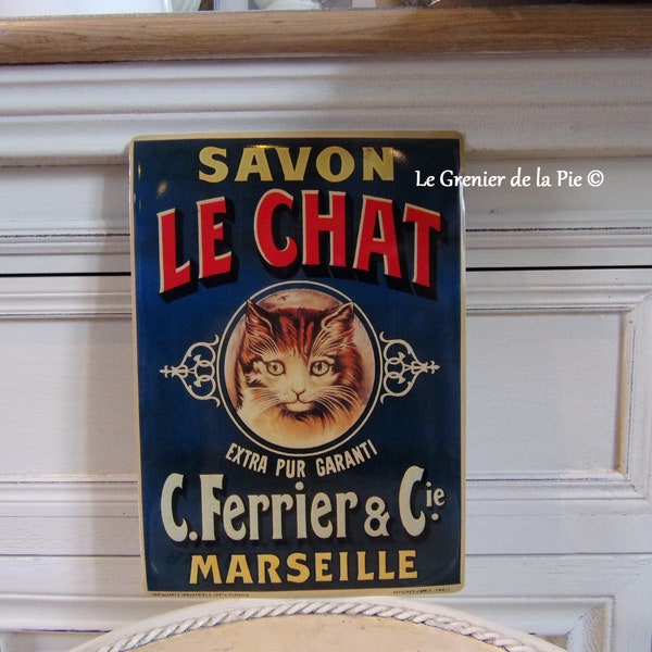 metal advertising plate SAVON de Marseille LE CHAT decoration kitten style enamel old retro vintage 20x15cm French soap cat tin sign