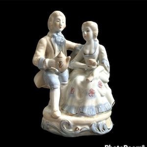 Vintage Dresser Figurine Porcelain Courting Couple Having Tea Hand Painted Baroque Rococo