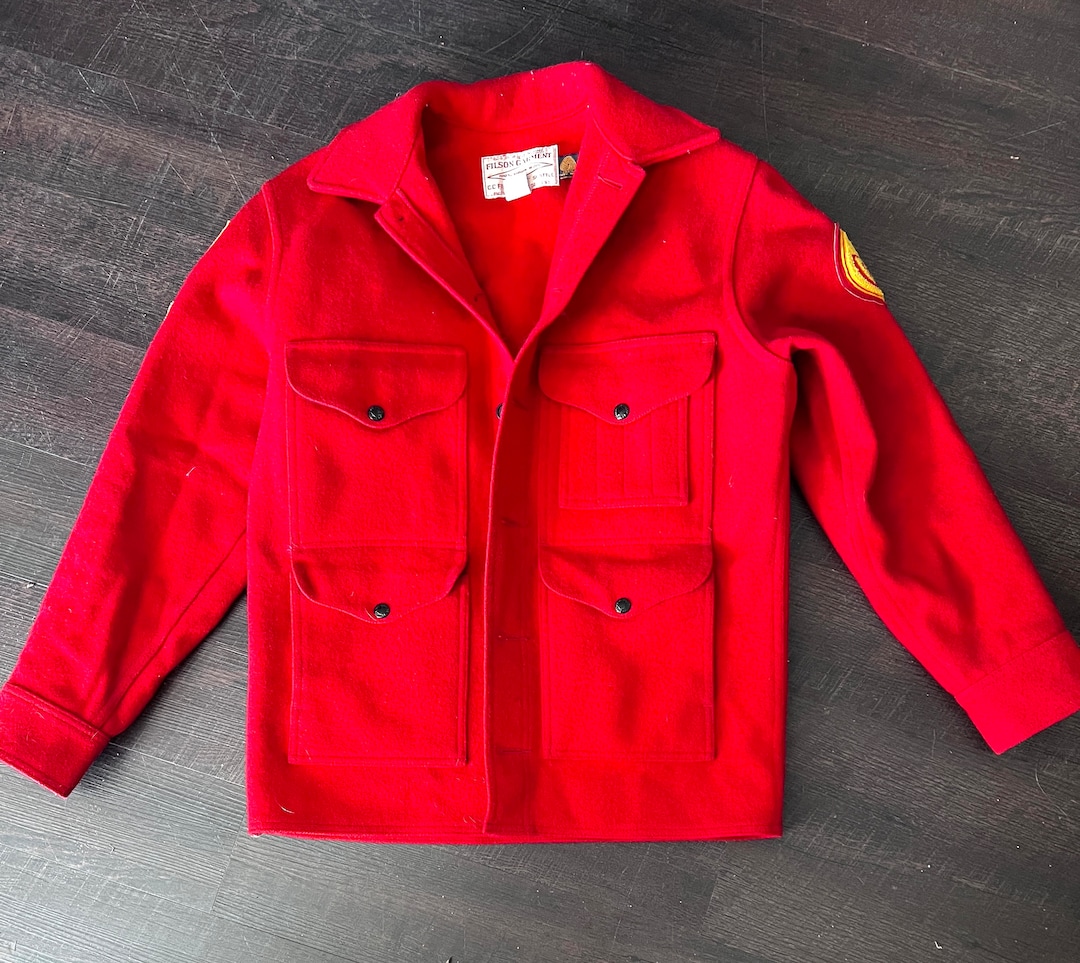 Filson Vintage Red Wool Coat American Flag and Fire