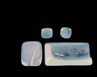 Painted Ceramic 2 brooches 1 pair of earrings set winter landscape motif