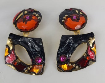 Vintage enamel clip on dangler large geometric earrings