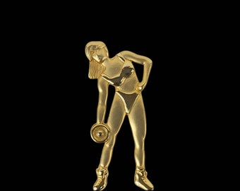 Gold tone weight lifting body building woman brooch
