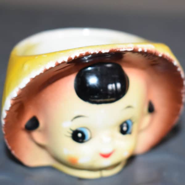 mini yellow porcelain little girl planter knick knack holder -Japan