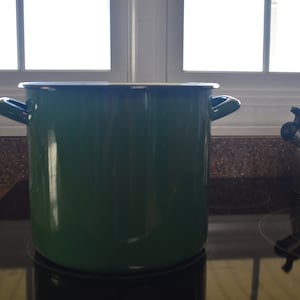 May include: A large green enamel pot with two handles sits on a black electric stovetop. The pot is empty and ready for cooking.