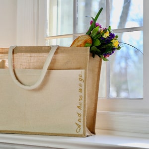 Jute Tote Hand Painted with Quote on the side of Canvas Pocket