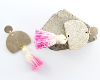 Gold leather earrings with hot pink ombre tassels, Tassel earrings, Hot pink earrings, Gold leather earrings, Leather jewelry, Gift for her