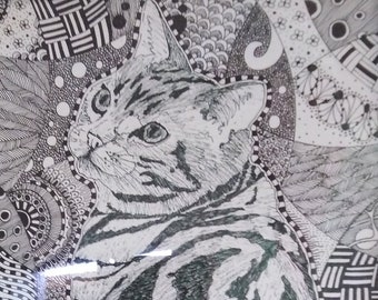 Pen and Ink Drawing Cat Zentangle Black and White Hand Drawn Framed A3 Size