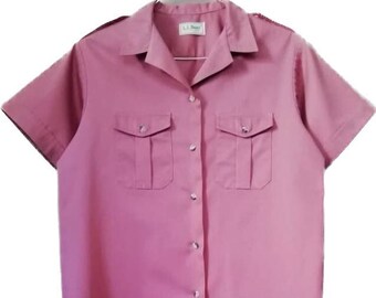 70' LL Bean Freeport-Main vintage midi shirt dress short sleeve old pink cotton V-neck straight cut Size 40 M/L