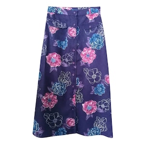 Vintage 90s long skirt 1.2.3 trapeze buttoned in front in lyocell purple floral print plum blue and white Size 36 XS 6