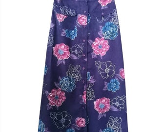 Vintage 90 jupe longue 1.2.3 trapèze boutonnée devant en lyocell violet imprimé fleuri prune bleu et blanc Taille 36 XS 6