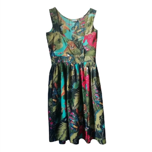 Vintage 80 robe sans manche en coton imprimé animaux et fleurs tropicales multicolore robe cintrée Taille 36 XS