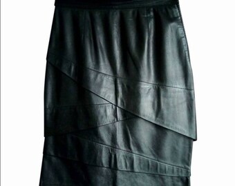 Vintage 80' black lambskin skirt Jean Pecarel high waist knee length straight cut Size 36 XS