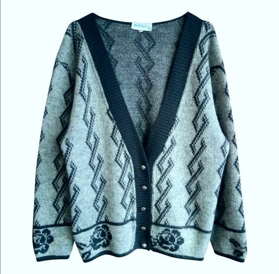 Montagut 80 cardigan femme vintage en laine et mohair camaieu de gris graphique et fleuri col V taille M Etsy France