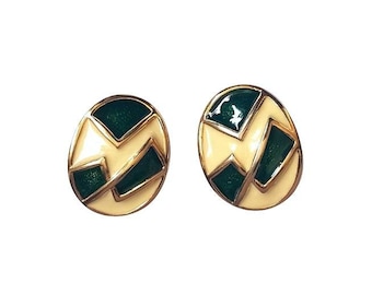 Pendientes de clip Vintage 80' de metal dorado y esmalte crudo verde esmeralda blanco roto