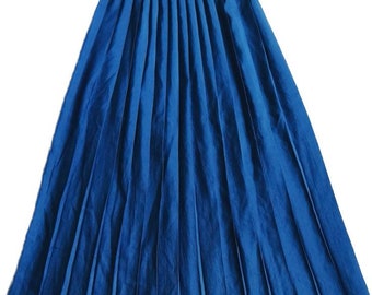 80' made in France long pleated vintage skirt in electric blue crumpled satin elastic waist Size 34/36 XS/S