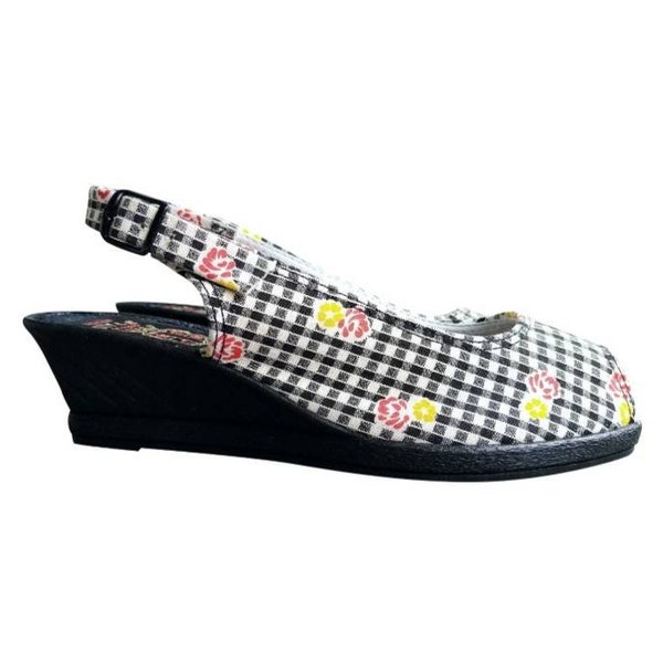 70 fait en France chaussures femme vintage compensées bout ouvert en toile de coton vichy noir et blanc à fleurs jaune et rouge pointure 36