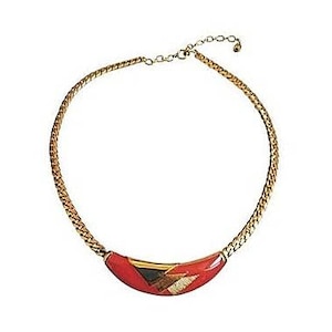 Orena 80 vintage women&#39;s chain necklace with English mesh choker and pendant in gold metal and red enamel adjustable length
