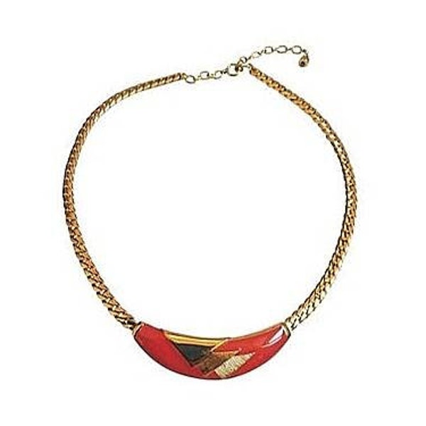 Orena 80 collier chaîne femme vintage ras de cou maille anglaise et pendentif en métal doré et émail rouge longueur ajustable