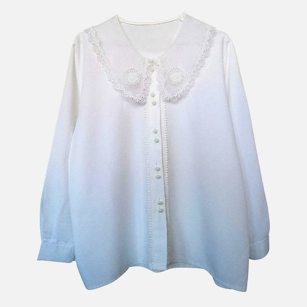 Vintage 70' blouse manche longue grand col en mousseline et dentelle blanc  confection artisanale taille 42, L