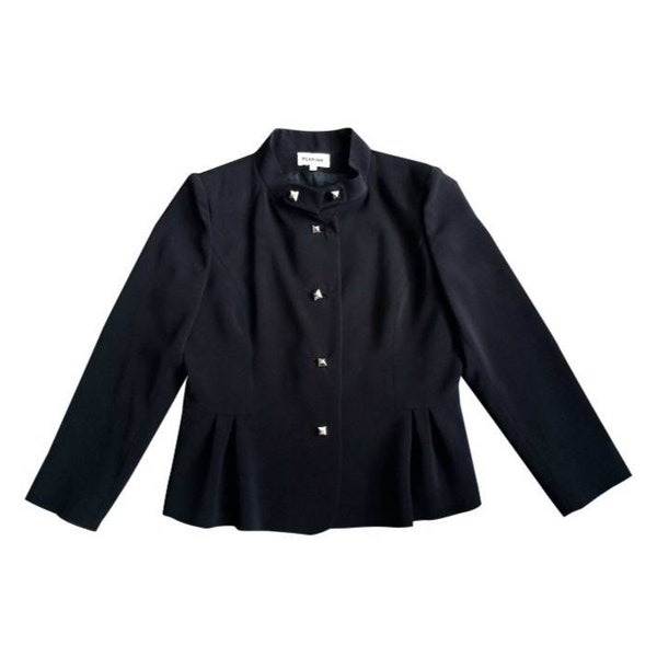 90' fait en France blazer femme vintage noir col montant boutons argentés taille cintrée volantée taille 38 S/M