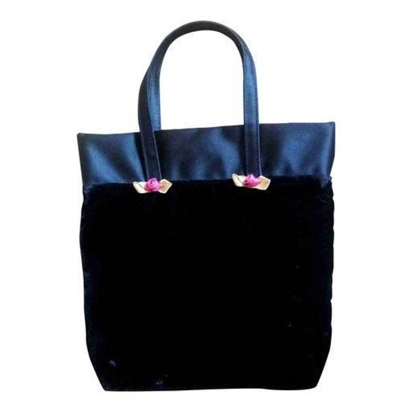 Petit sac porté main Marks & Spencer femme vintage 90' en velours satin noir petites roses fuschia et vert