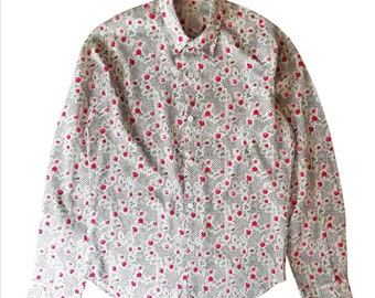 Vintage 90 women's long-sleeved shirt in white cotton and small printed roses Size 40 M