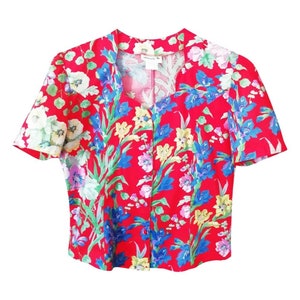 Vintage 90s blouse short balloon sleeves in pure red cotton with flowers fitted blouse size 3 size 42 size L