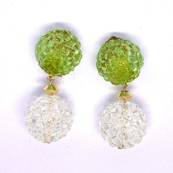 Vintage 50 fait en Allemagne boucles d’oreilles clip pendantes boules en résine translucide texturée transparente et verte