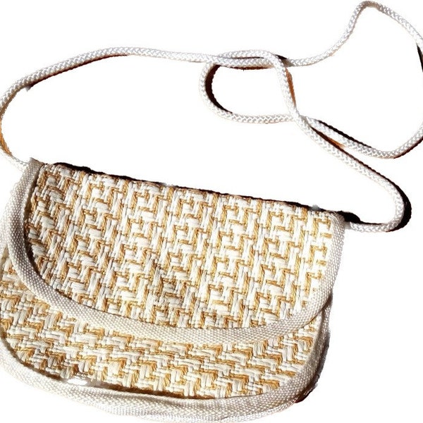 80 fait en Italie petit sac femme vintage en rafia tressé et tissu blanc et beige