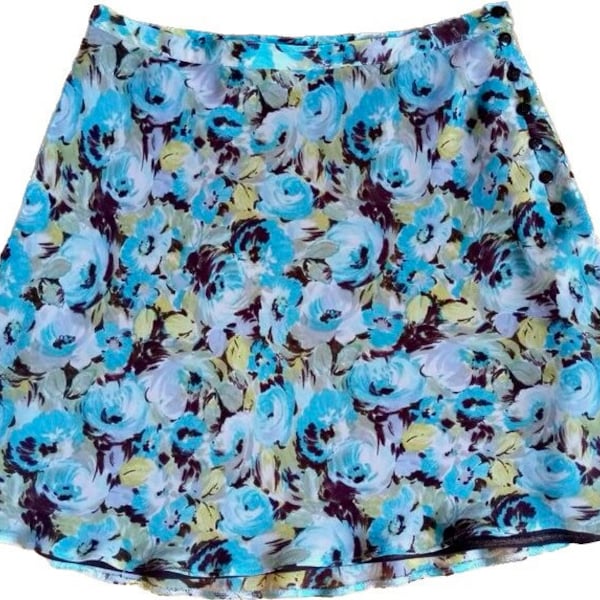 Cacharel 90', made in France, Vintage chiffon mini skirt printed with flowers, closure buttons on the side / Size, XS, 36, 6