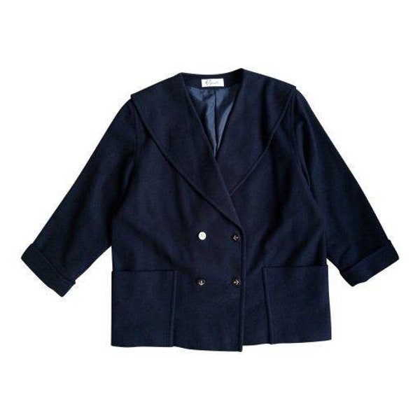 Manteau court femme vintage en drap de laine bleu marine et boutons ancres dorées taille M