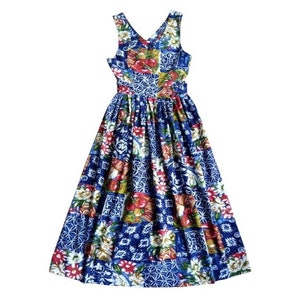 Vintage 90&#39;s sleeveless long dress with fitted back and waist in cotton with multicoloured flower and fruit print Size 2 38