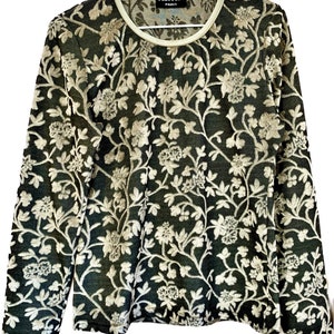 90 made in France vintage women&#39;s top long sleeve round neck in anthracite lycra flowers in golden velvet size S
