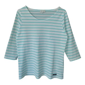 Armor-Lux T-shirt Marinière woman vintage white cotton with light blue stripes straight cut sleeves 3/4 Size 2