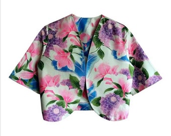 90' confection artisanale boléro veste courte blazer court femme vintage manche courte en soie et fleurs tropicales taille 34/36 XS