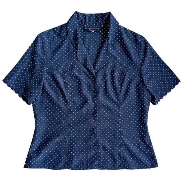 Cacharel 90 fait en Italie chemise femme vintage manche courte en satin bleu foncé et petits pois blancs Taille 42/44 L/XL