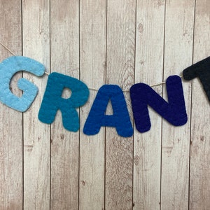 Felt Name Banner, Felt Letters in Blues, Decorative Blue Banner, Kids Educational Learning Toy, 3-inch Felt Board Letters, Custom Colors