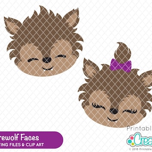 Puede incluir: Dos caras de hombre lobo de dibujos animados lindas, una con un lazo morado en el pelo. Las caras son marrones con dientes blancos y los ojos cerrados. El fondo es una cuadrícula blanca.