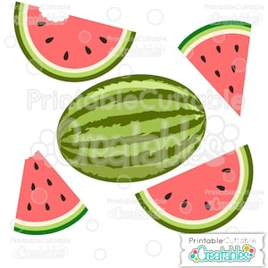 K&ouml;nnte beinhalten: Ein Satz mit f&uuml;nf Wassermelonen-Illustrationen, darunter eine ganze Wassermelone und vier Scheiben. Die Wassermelone ist gr&uuml;n mit dunkelgr&uuml;nen Streifen und die Scheiben sind rot mit schwarzen Kernen.